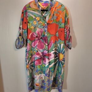 Claire Desjardins Floral Garden Print Long Sleeve Shirt Dress - L
